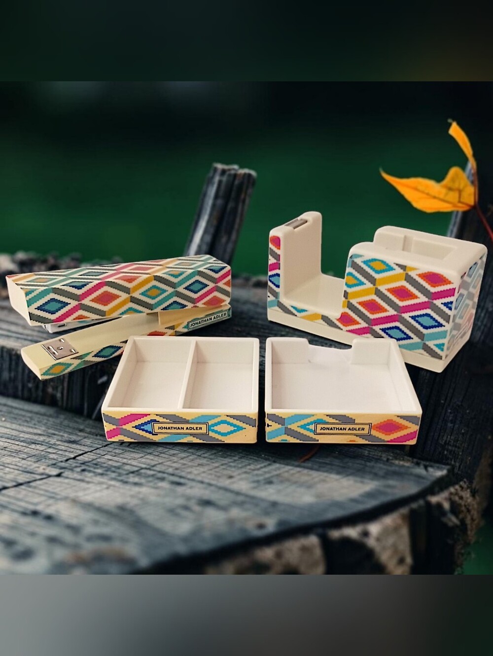 Vintage Jonathan Adler Desk Set Organizer Tape Dispenser Stapler Memo Tray 4 Pc